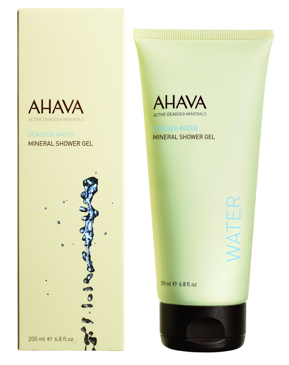 0697045151110 AHAVA Mineral Shower Gel 200 ml, Verpackung und Tube, mit aktiven Mineralien aus dem Toten Meer.