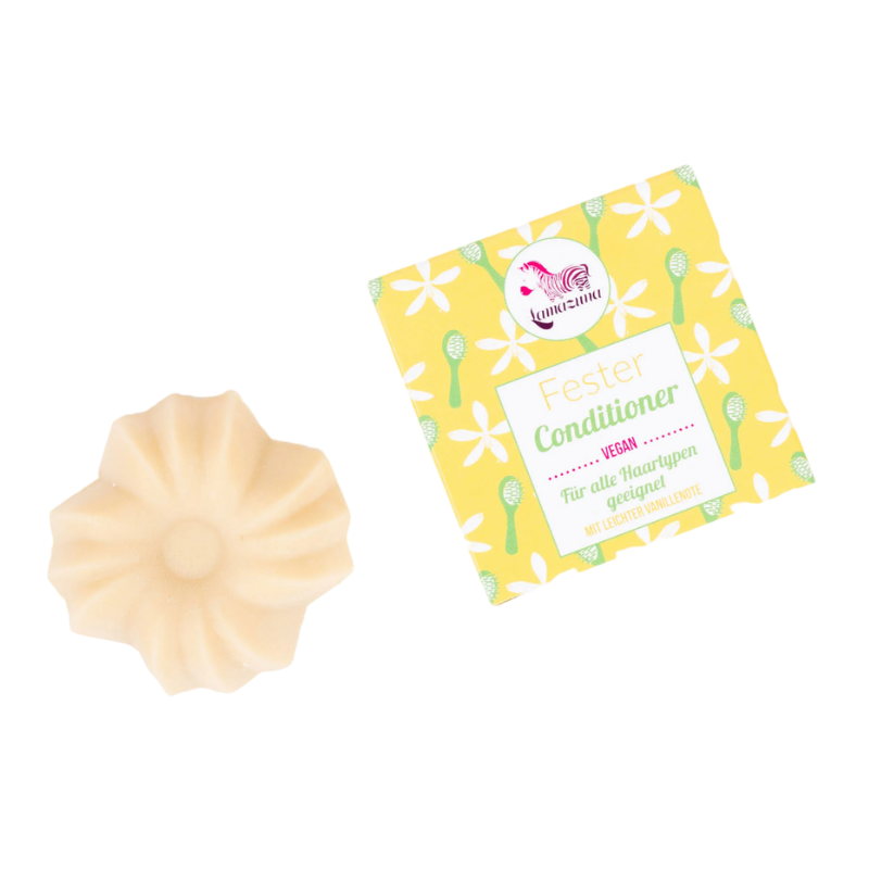 Fester Conditioner von Lamazuna, Vanilleduft, vegan, für alle Haartypen geeignet, gelbe Verpackung mit Blumenmuster.