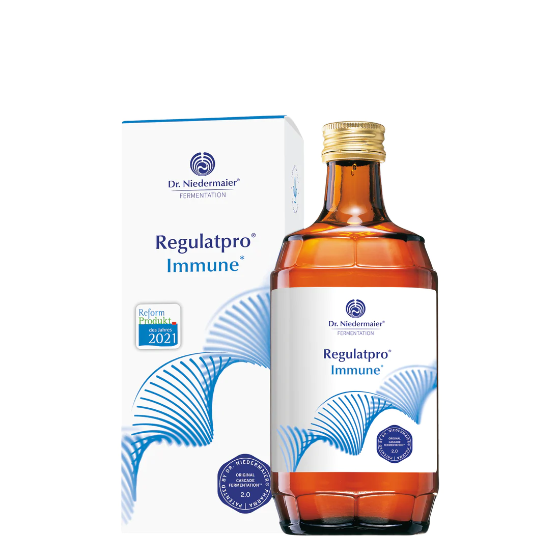 Flasche und Verpackung von Dr. Niedermaier Regulatpro Immune Nahrungsergänzungsmittel.