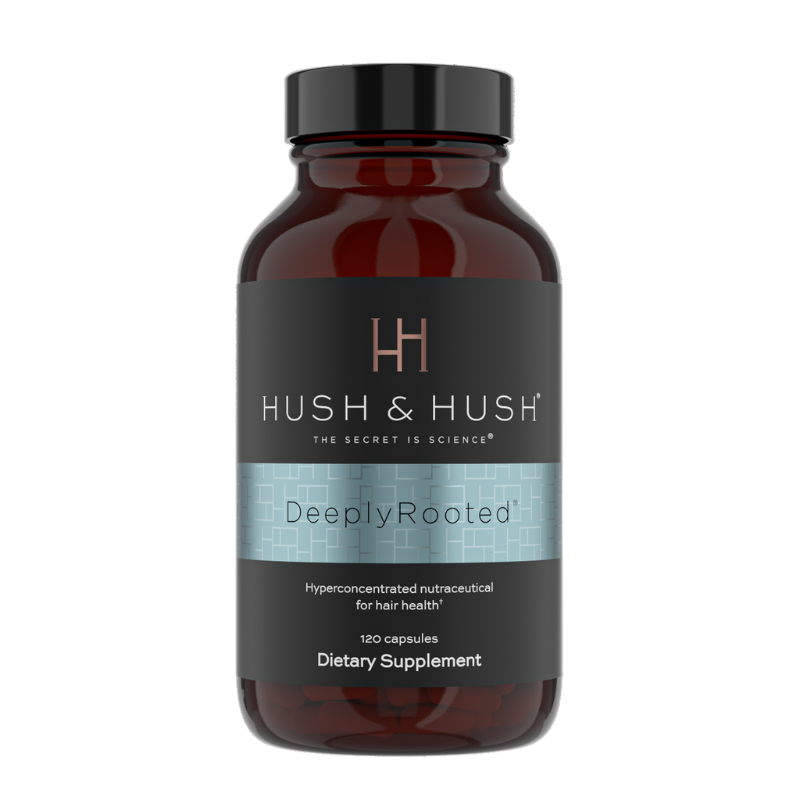 Hush & Hush DeeplyRooted Nahrungsergänzungsmittel für Haargesundheit, 120 Kapseln, braune Flasche mit blauem Etikett.