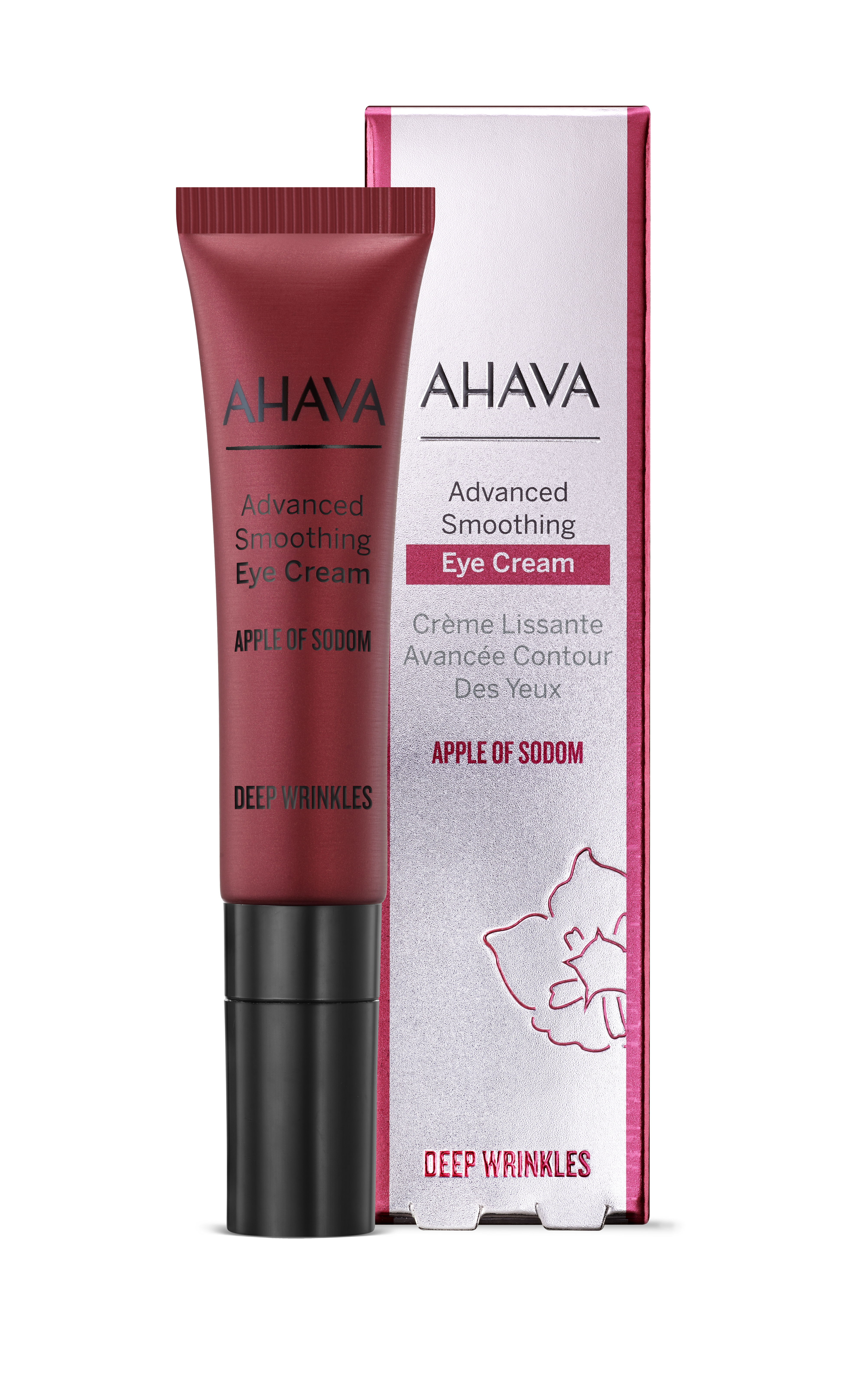 Advanced-Smoothing-Eye-Cream AHAVA Advanced Smoothing Eye Cream, rote Tube und Verpackung, Produkt zur Faltenreduktion, 15 ml.