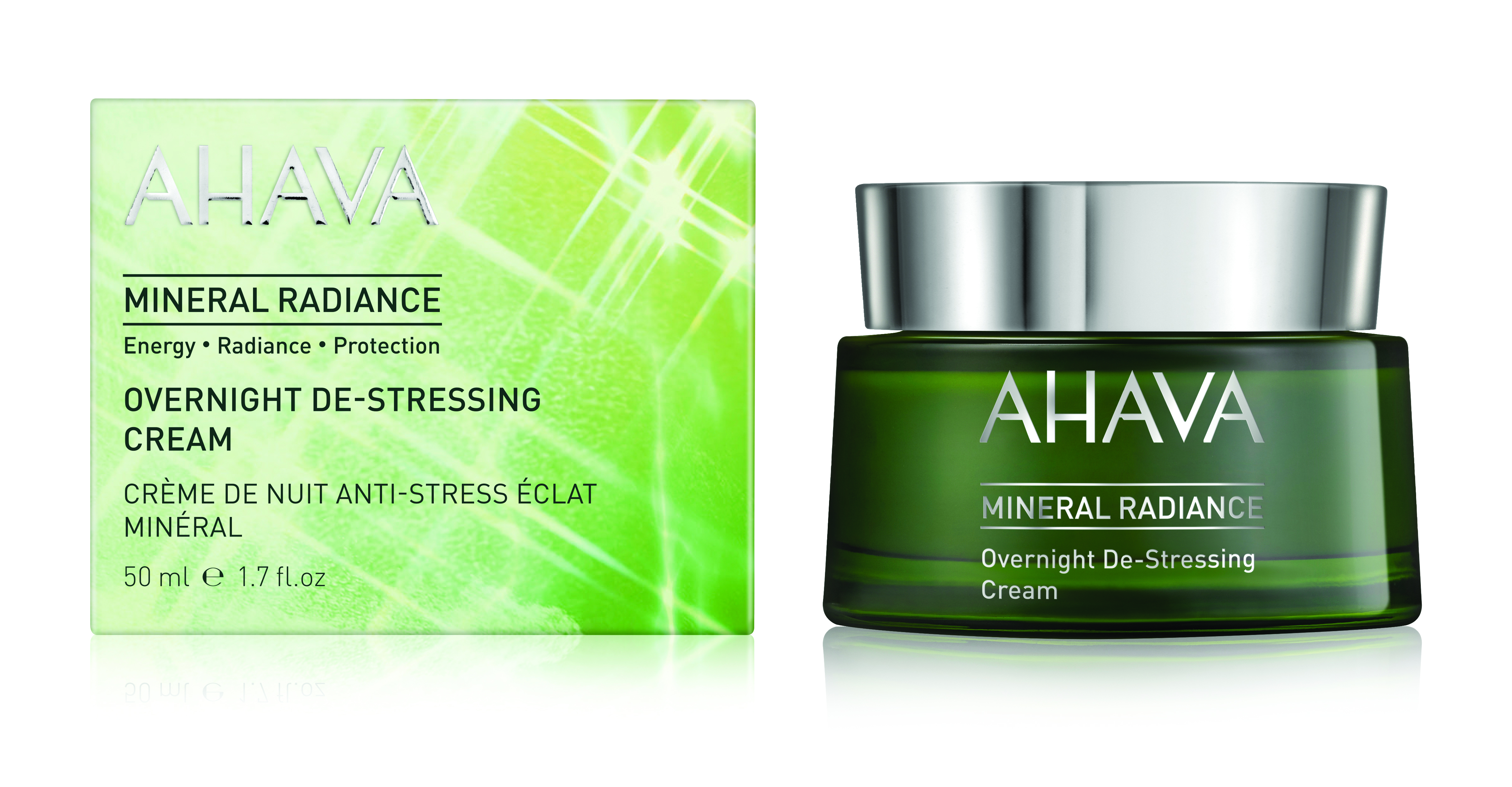 0697045155323 AHAVA Mineral Radiance Overnight De-Stressing Cream, 50 ml, grüne Verpackung und Tiegel, auf weißem Hintergrund.