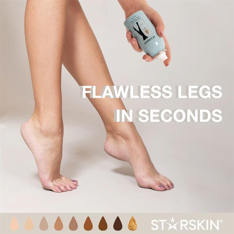 126342-0-1-0 Person sprüht Produkt auf Beine, Text 'FLAWLESS LEGS IN SECONDS', verschiedene Hauttöne und Logo 'STARSKIN' unten.