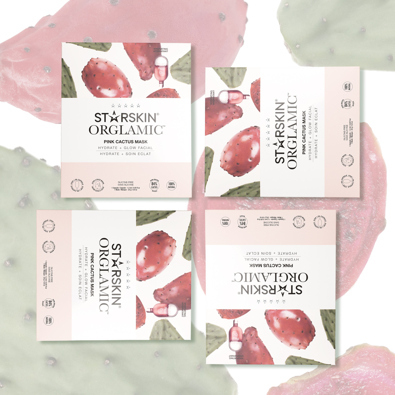SST096_EAN7640164572468_STARSKIN-R-Orglamic-TM-Pink-Cactus-Oil-Mask_4 Vier STARSKIN Orglamic Pink Cactus Oil Mask Packungen auf einem Hintergrund mit Kaktusfeigen.