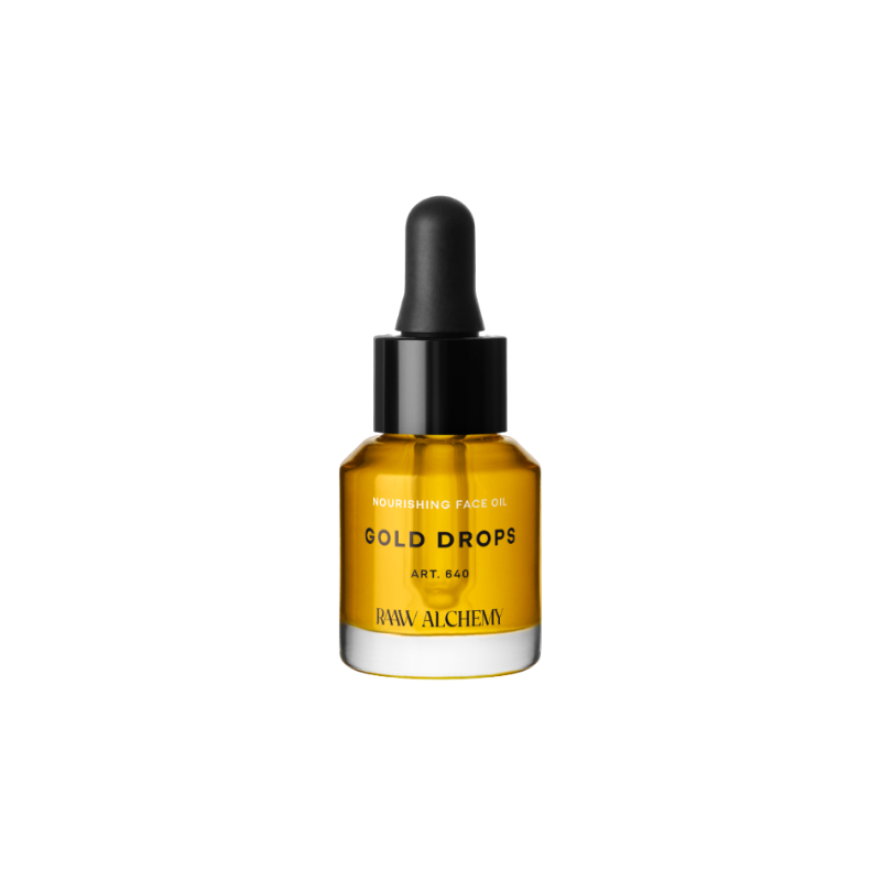 RAAW-ALCHEMY-GOLD-DROPS-TRAVEL-SIZE RAAW Alchemy Gold Drops Gesichtsöl in Reisegröße, 15 ml, mit Pipette, auf weißem Hintergrund.
