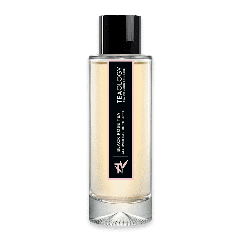 Flasche des Black Rose Tea Eau de Toilette von Teaology mit schwarzem Etikett und transparentem Glas.