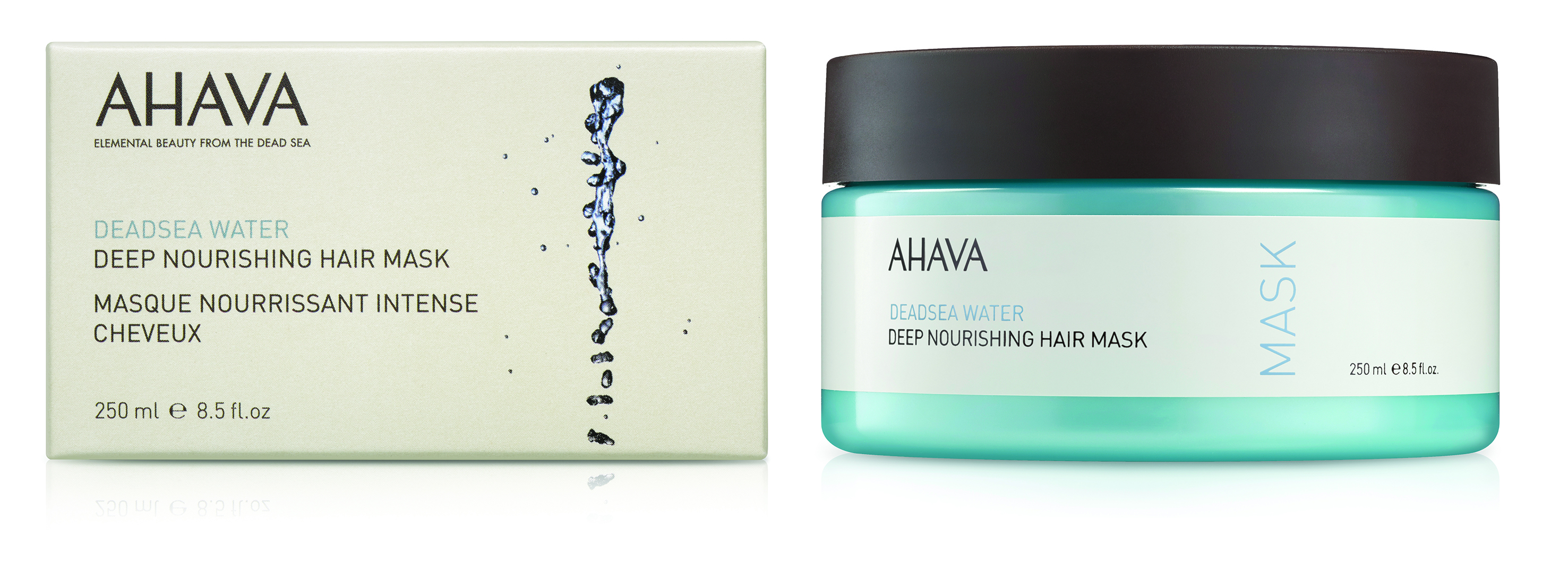 0697045155668 AHAVA Dead Sea Water Deep Nourishing Hair Mask, 250 ml, Verpackung und Tiegel, auf weißem Hintergrund.