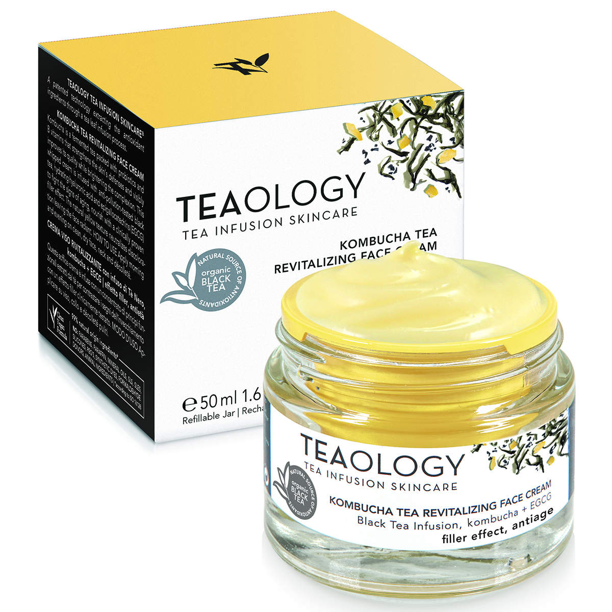 8050148505051_3-T50505-KOMBUCHA-TEA-REVITALIZING-FACE-CREAM TEAOLOGY Kombucha Tea Revitalizing Face Cream, 50 ml, in geöffneter Glasdose vor Verpackung.
