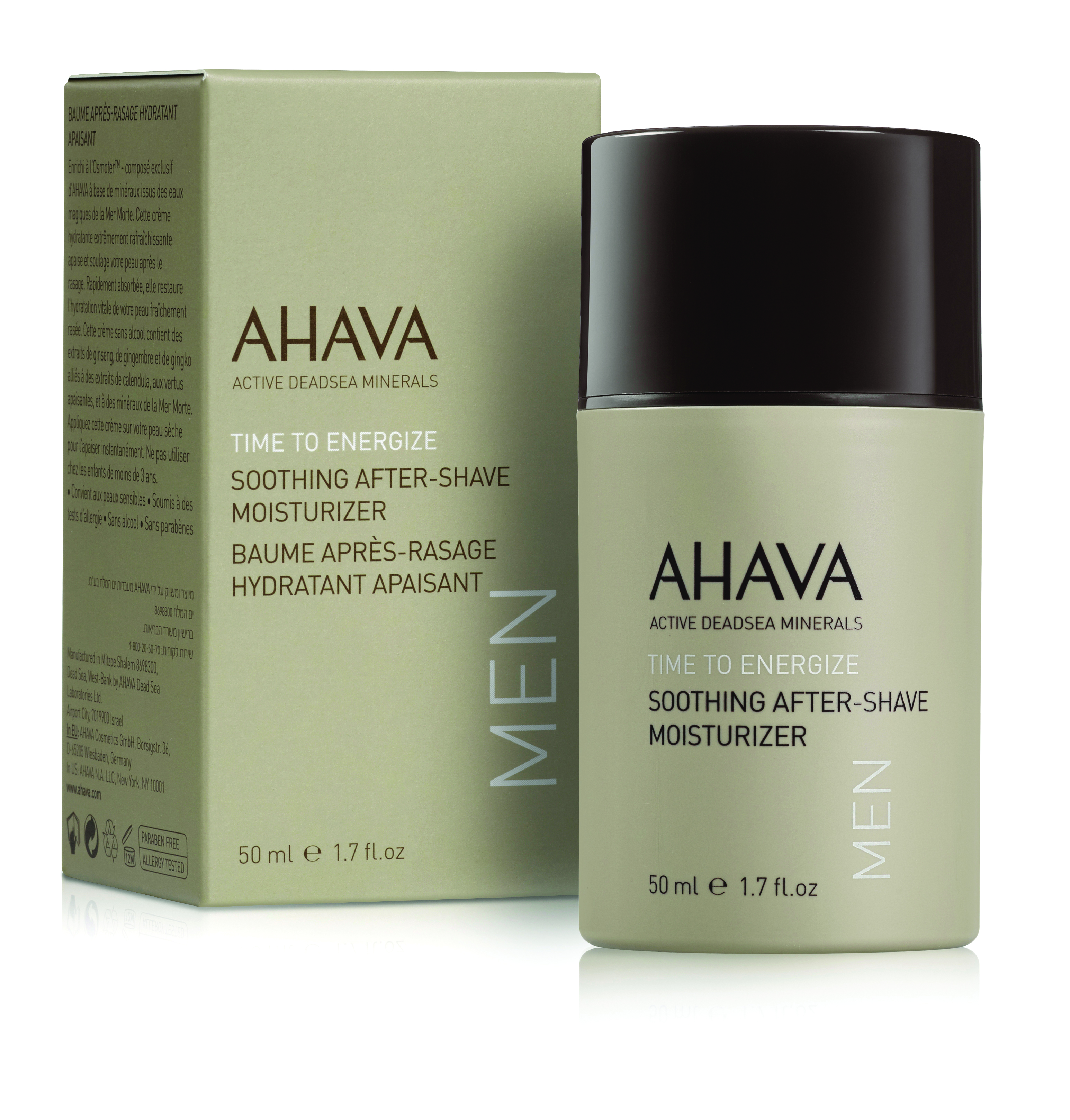 0697045158294 AHAVA Time to Energize Soothing After-Shave Moisturizer für Männer, 50 ml, mit Verpackung.
