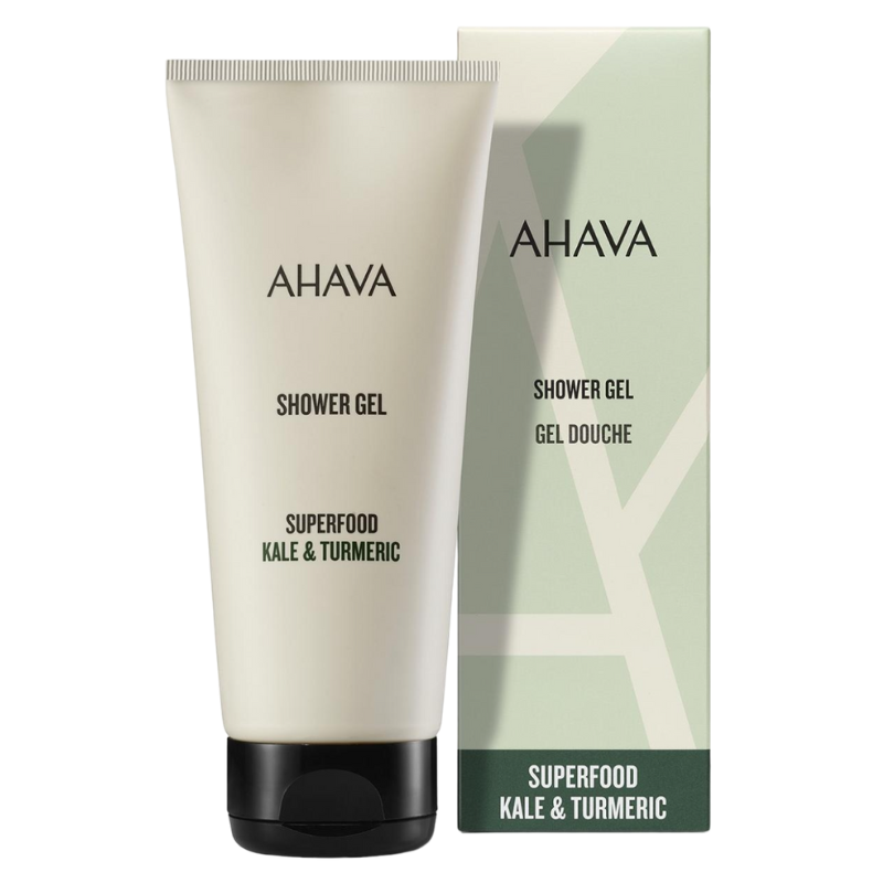 AHAVA-SUPERFOOD-KALE-_-TURMERIC-SHOWER-GEL AHAVA Superfood Kale & Turmeric Duschgel, 200ml Tube und Verpackung, aufrecht stehend.