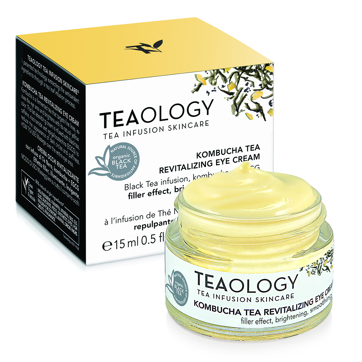 8050148505181_3-T50518-KOMBUCHA-TEA-REVITALIZING-EYE-CREAM TEAOLOGY Kombucha Tea Revitalizing Eye Cream, 15 ml, in geöffneter Glasdose vor Produktverpackung.