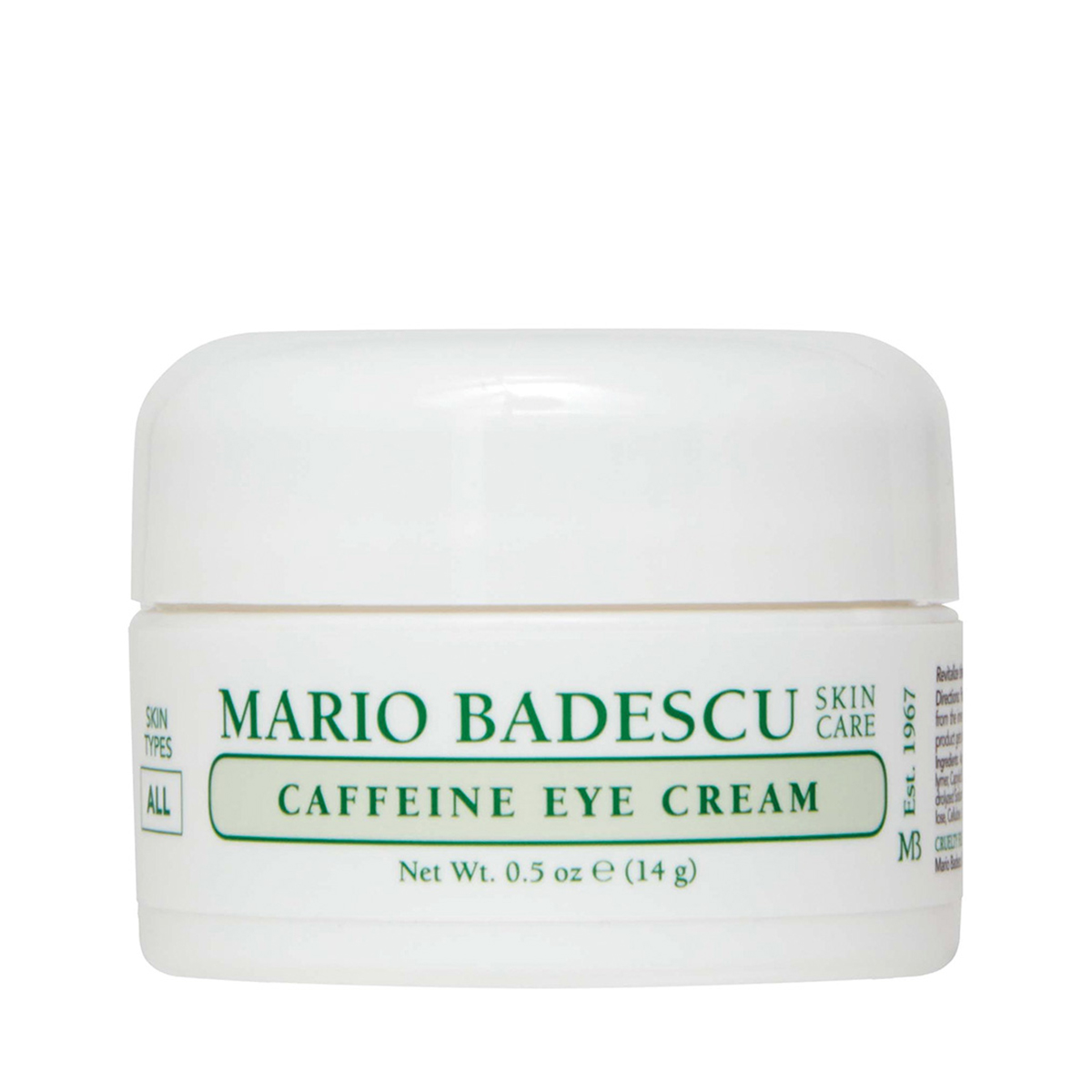 30412_0 Weiße Dose Mario Badescu Caffeine Eye Cream, 14g, mit grünem Text auf der Vorderseite.