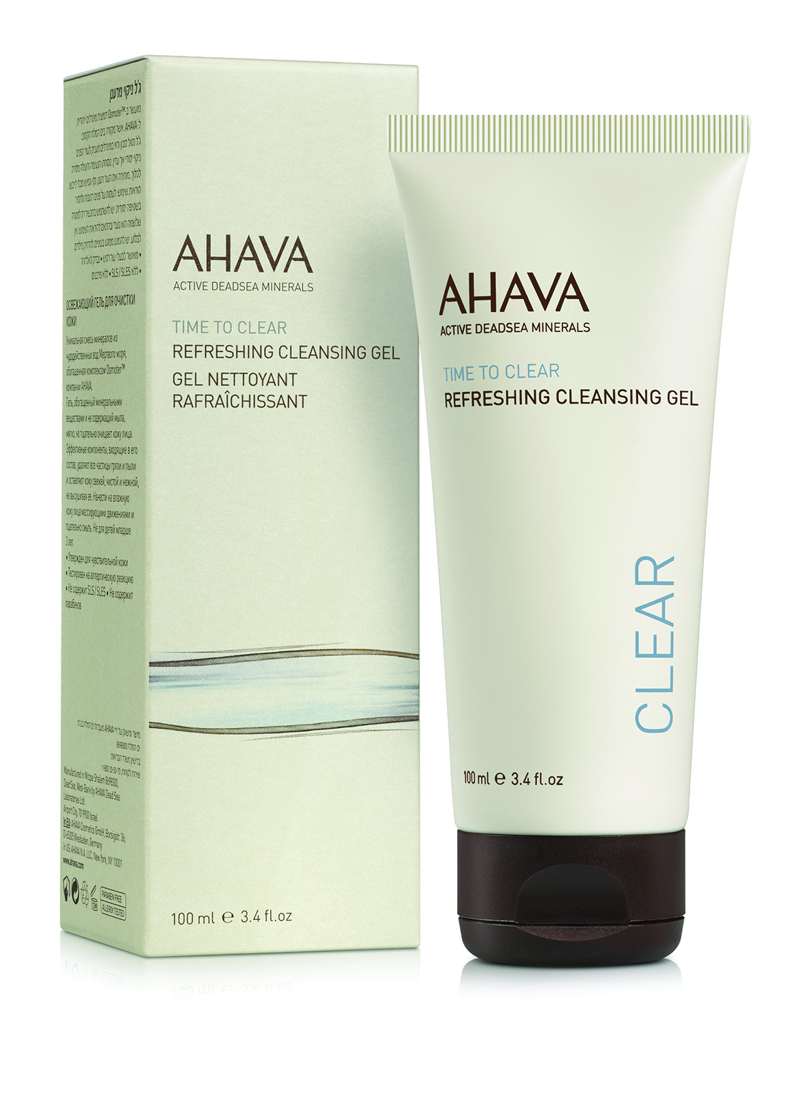 0697045158614 AHAVA Time to Clear Refreshing Cleansing Gel, 100 ml Tube und Verpackung, auf weißem Hintergrund.