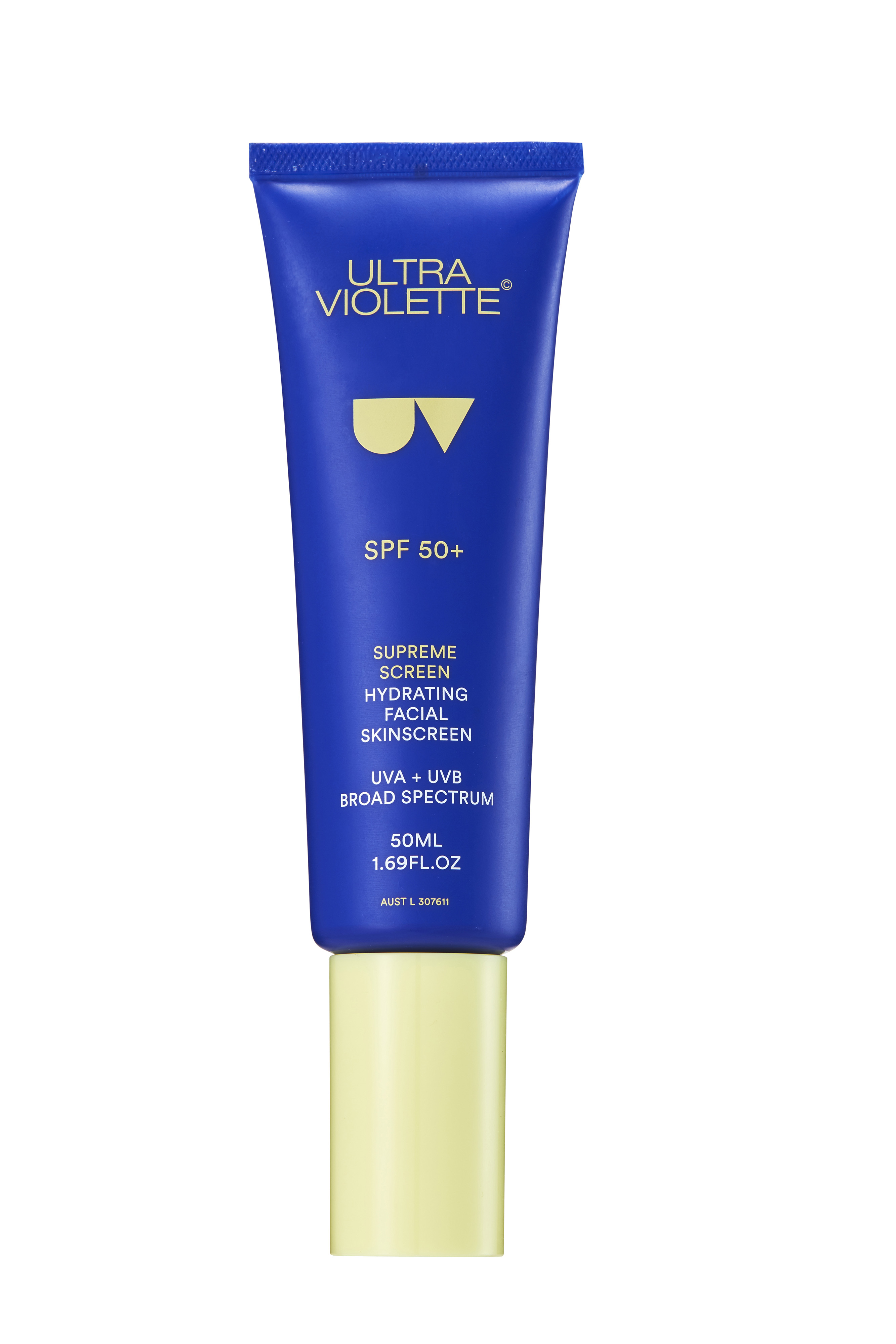 Blaues Supreme Screen Hydrating Facial Sunscreen SPF 50+ von Ultra Violette, 50ml Tube mit gelbem Deckel.