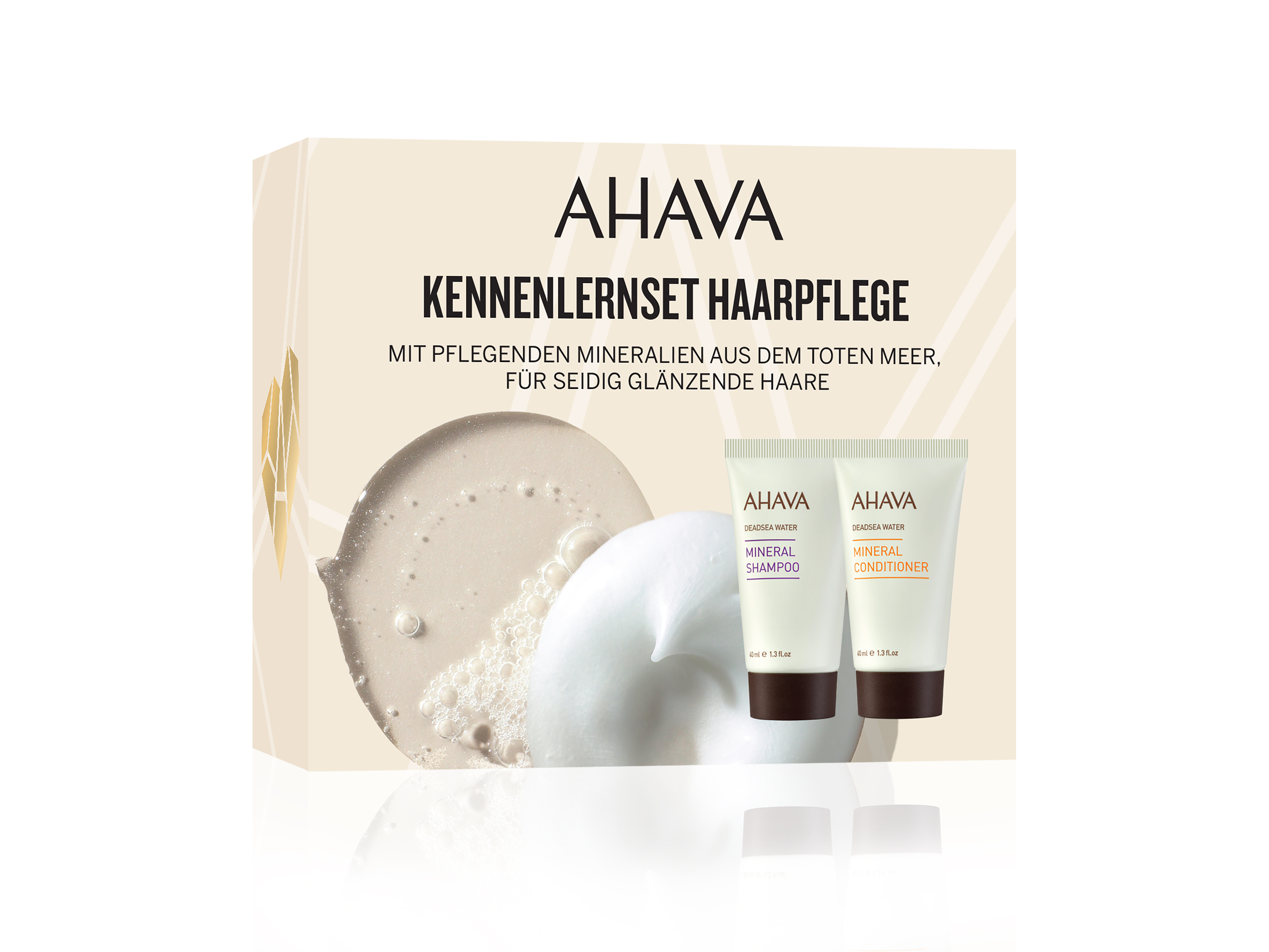 0697045015047 AHAVA Kennenlernset Haarpflege mit Mineral Shampoo und Mineral Conditioner vor einer Verpackung.