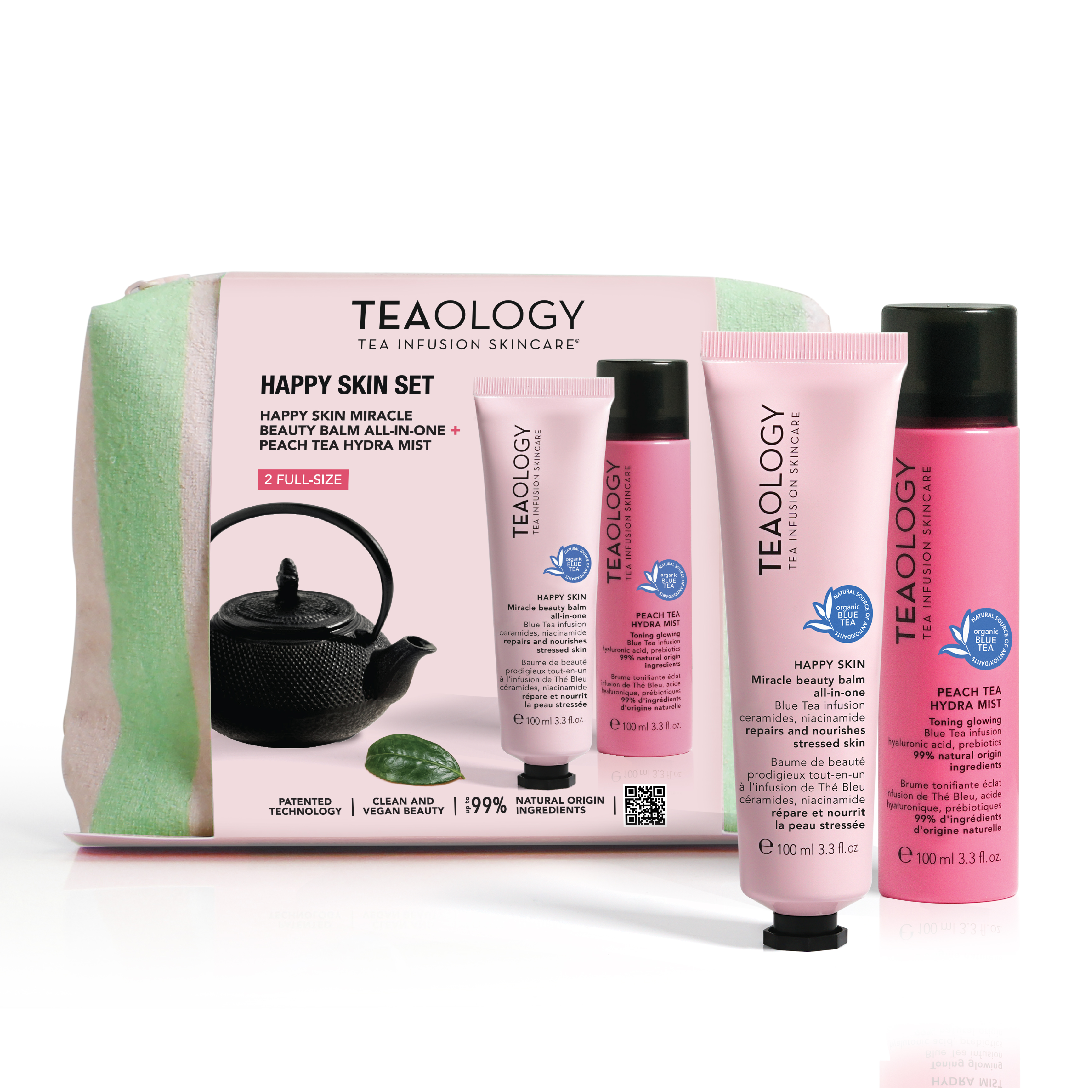 8050148506072_1-T50607-happy-skin-set_products Teaology Happy Skin Set mit Beauty Balm und Peach Tea Hydra Mist vor einer Teekanne und einem Handtuch.