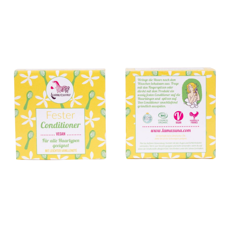 LAMAZUNA-FESTER-CONDITIONER-SOFT-VANILLA-SCENT-2 Zwei gelbe Verpackungen des festen Conditioners von Lamazuna mit Vanilleduft, vegan und für alle Haartypen geeignet.