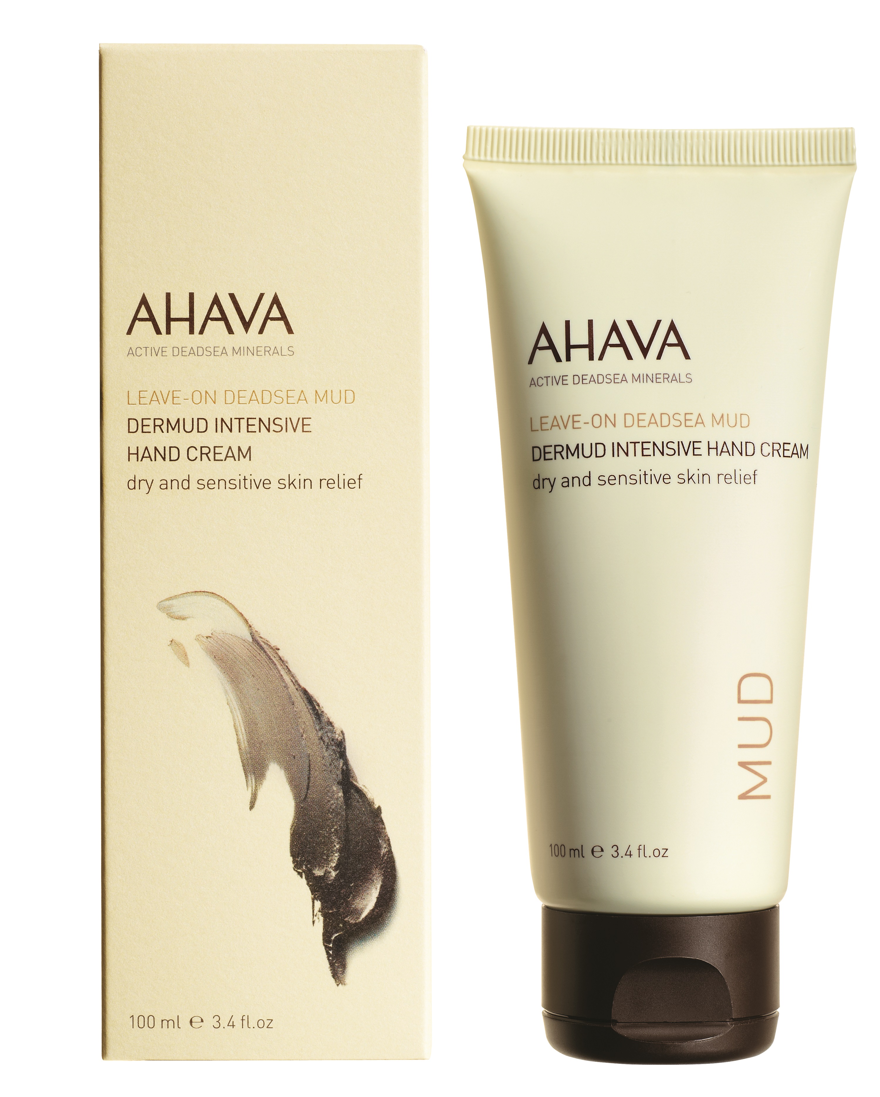 0697045150120 AHAVA Dermud Intensive Handcreme 100 ml, Verpackung und Tube, für trockene und empfindliche Haut.