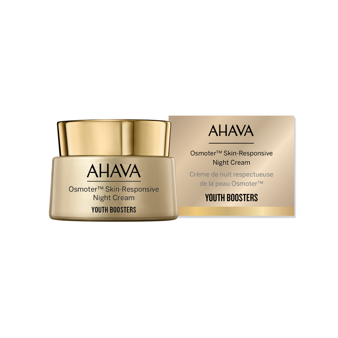 0697045163861 AHAVA Osmoter Skin-Responsive Nachtcreme, Youth Boosters, goldene Verpackung, Produktbild.