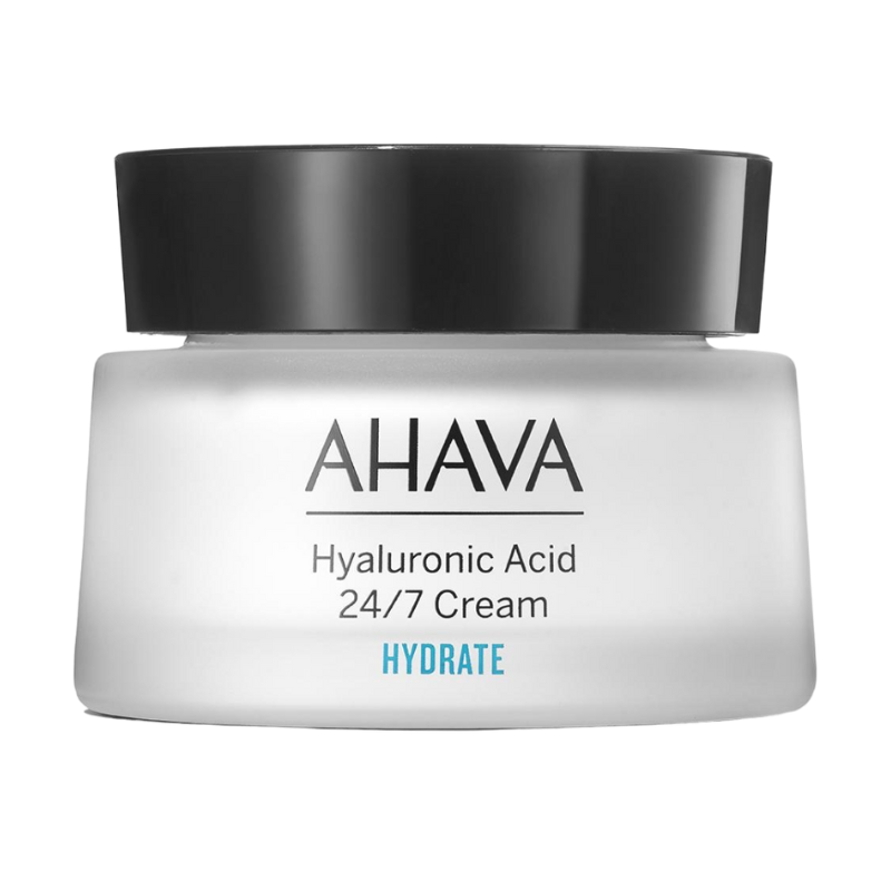 AHAVA Hyaluronic Acid 24/7 Cream in einem weißen Tiegel mit schwarzem Deckel, Produkt zur Hautpflege.