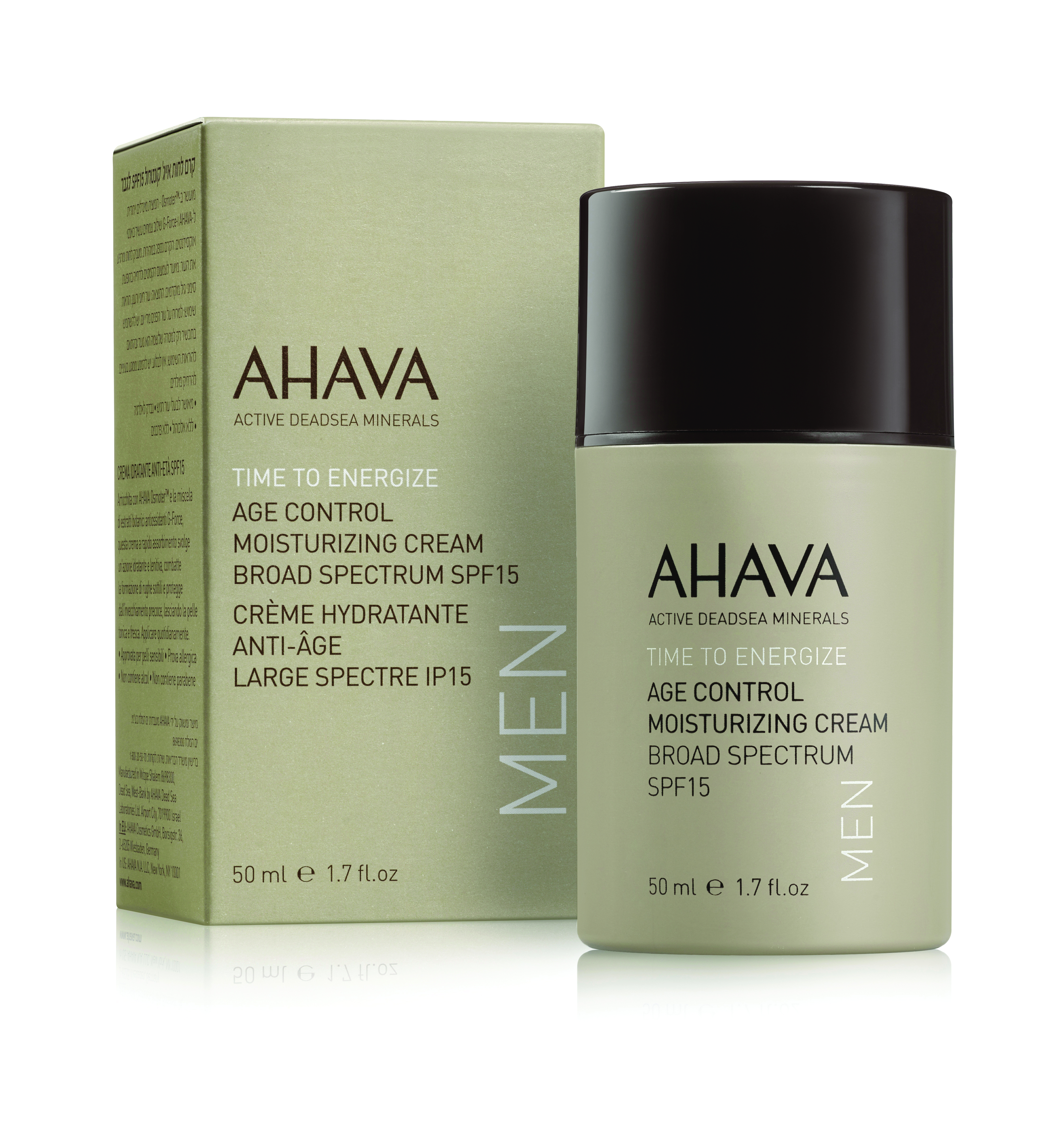 AHAVA Age Control Feuchtigkeitscreme für Männer, 50 ml, SPF 15, Verpackung und Flasche.
