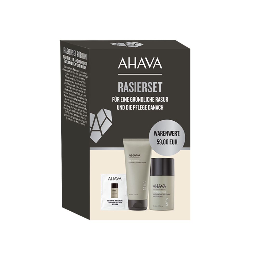 0697045016525 AHAVA Rasier-Set Verpackung mit Rasiercreme, Aftershave und Seife, Warenwert 59,00 EUR.