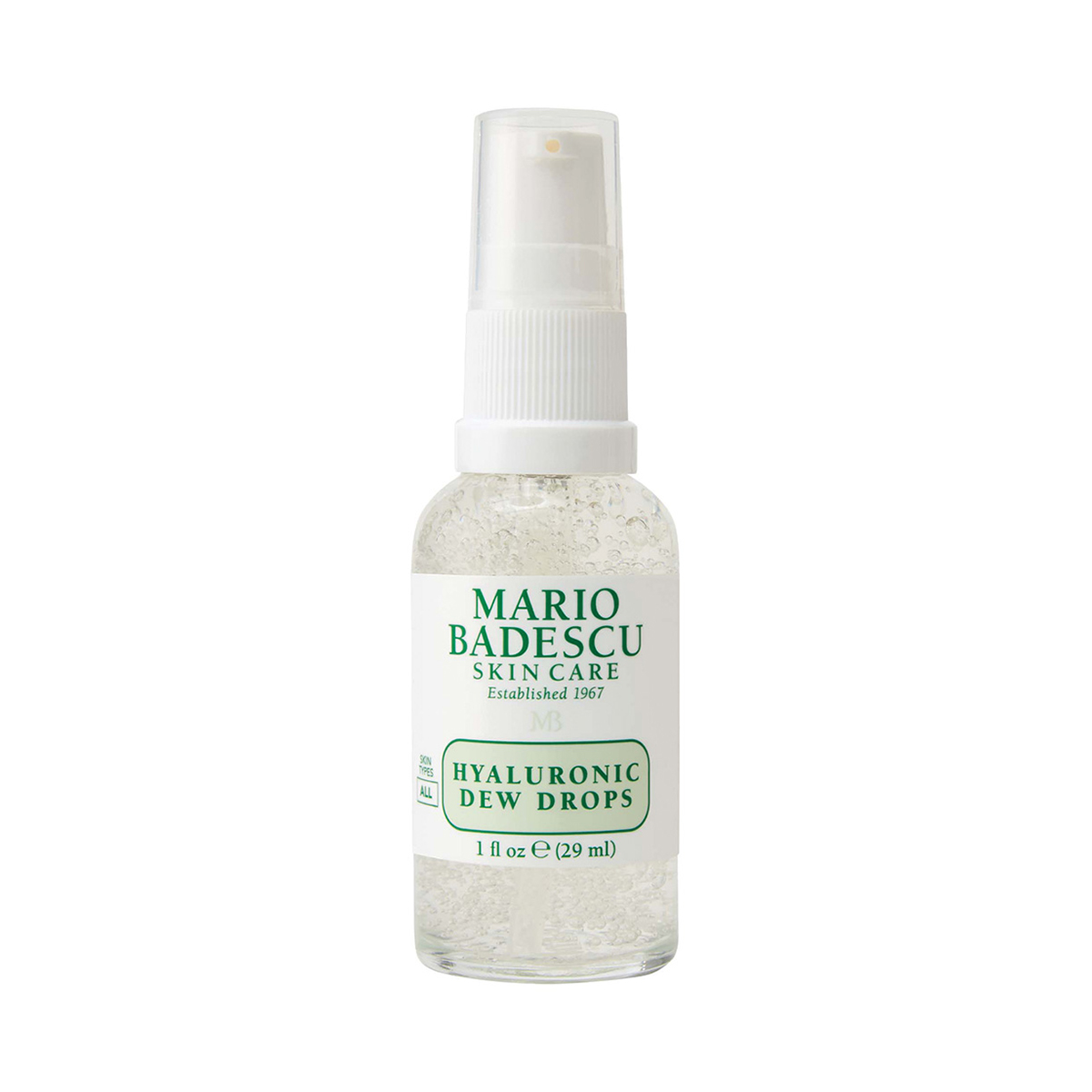 60427_0 Flasche Mario Badescu Hyaluronic Dew Drops, 29 ml, mit weißem Sprühkopf und grünem Etikett.