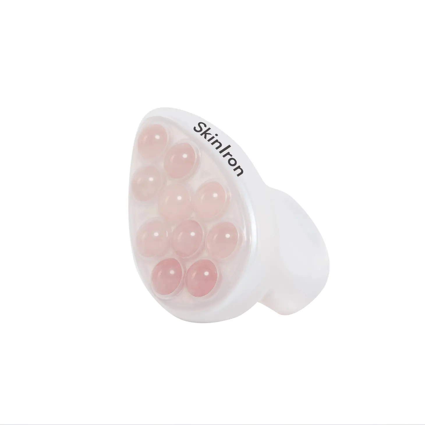 08665A82-7B4D-4DFE-862F-C1FF2114C02F Weißer SkinIron-Massager mit neun rosa Massagekugeln, Produktbild auf weißem Hintergrund.
