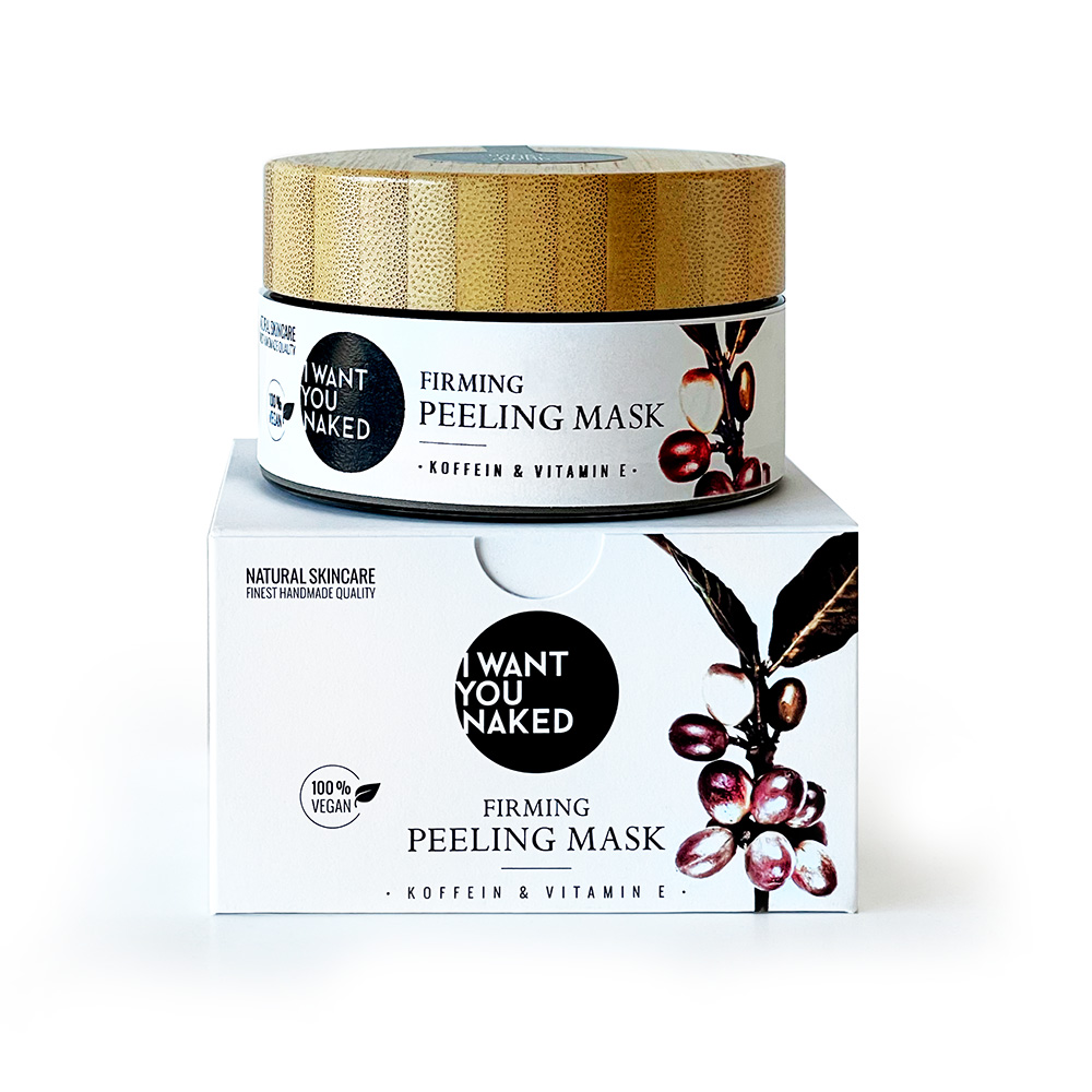 Dose und Verpackung der 'I Want You Naked' Firming Peeling Mask mit Koffein und Vitamin E, 100% vegan.