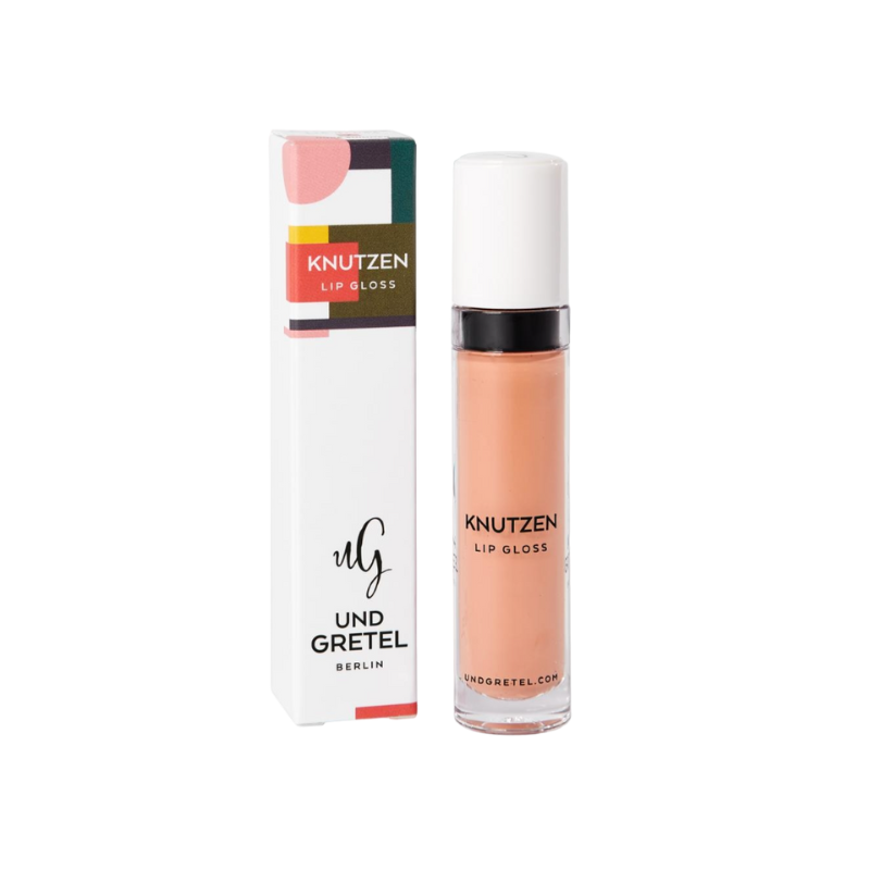 UND GRETEL KNUTZEN Lip Gloss 03 Matte Nude, Verpackung und Flasche, auf weißem Hintergrund.