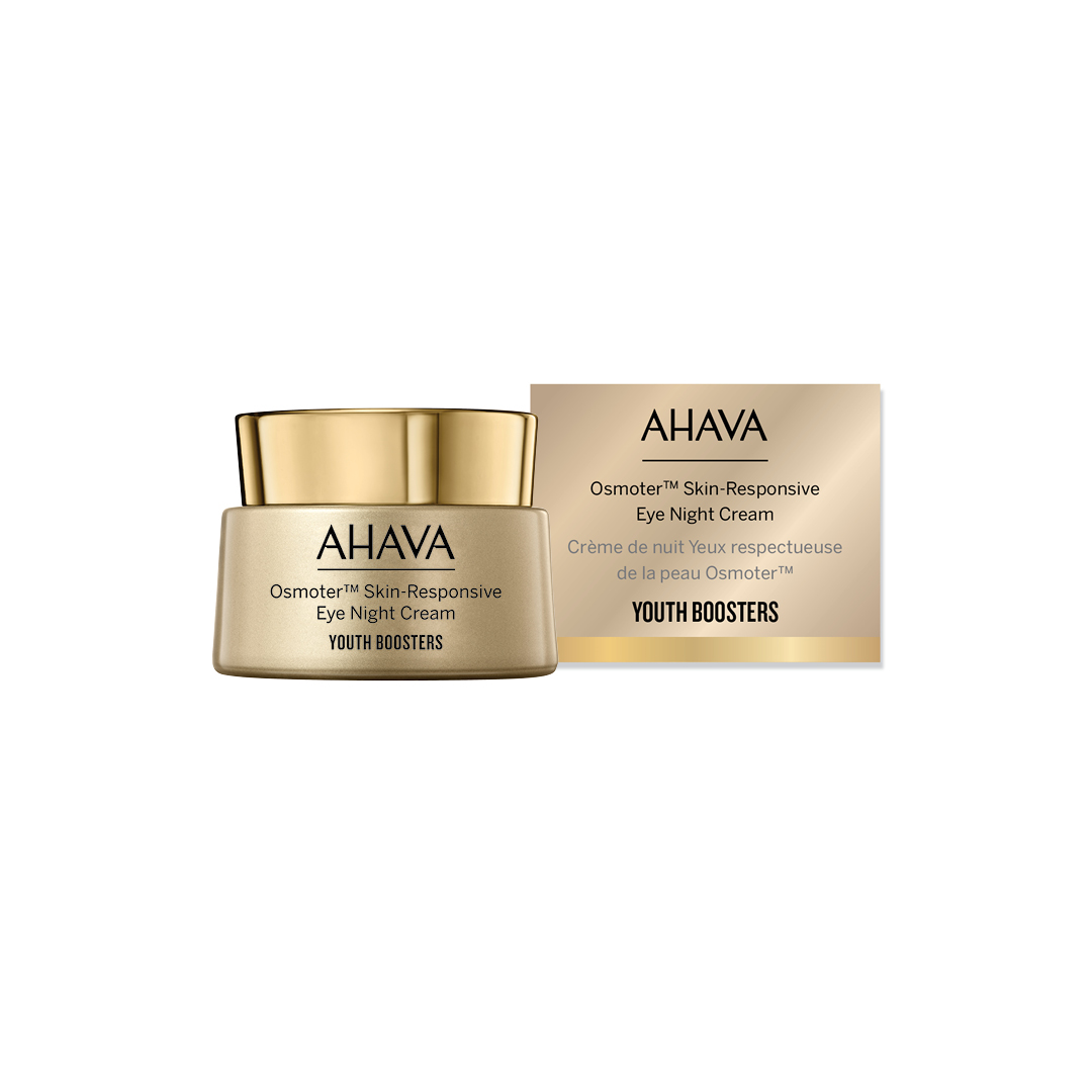 AHAVA Osmoter Skin-Responsive Eye Night Cream, goldene Dose und Verpackung, Produktbild.