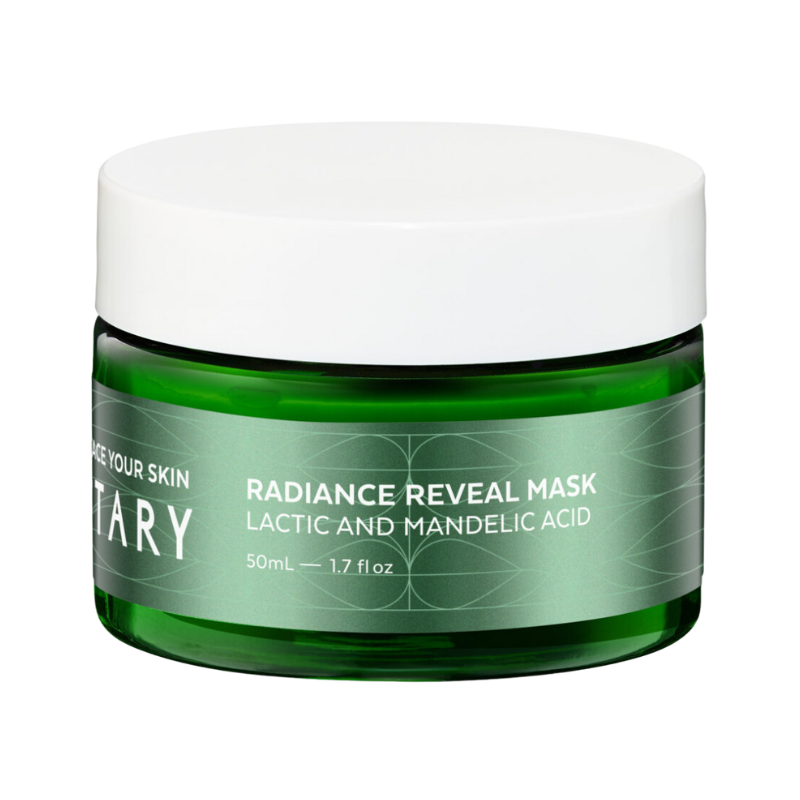 VOTARY-RADIANCE-REVEAL-MASK_-LACTIC-AND-MANDELIC-ACID-2_2 Grünes Glasgefäß mit weißem Deckel, VOTARY Radiance Reveal Mask, Lactic and Mandelic Acid, 50ml.