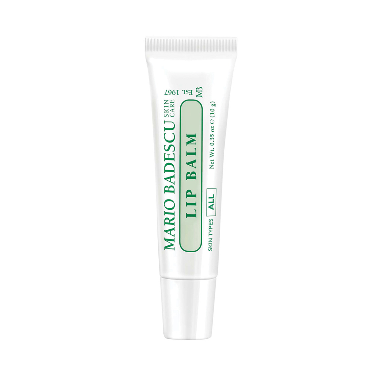 13442_0 Weiße Tube mit grünem Aufdruck "Mario Badescu Lip Balm".