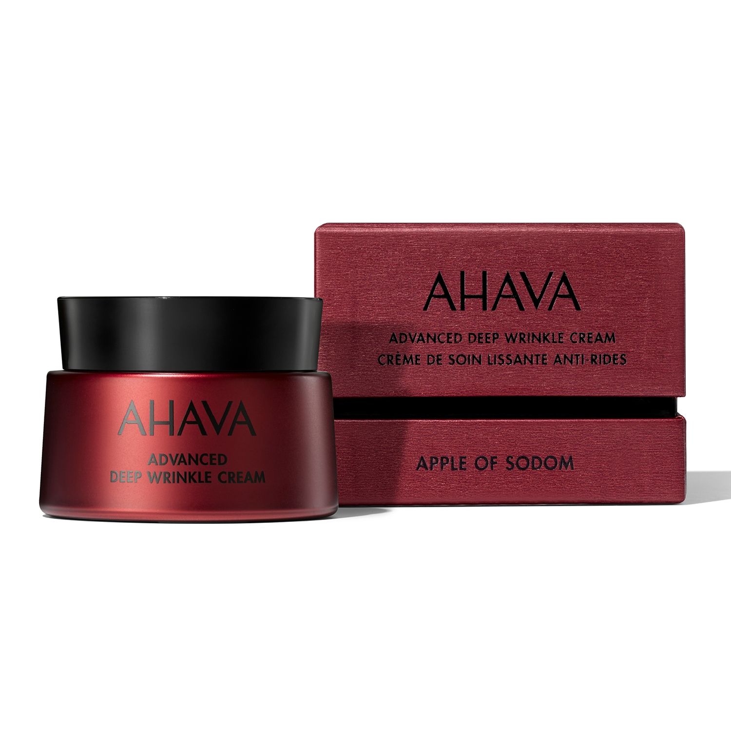 image_117919_1 AHAVA Advanced Deep Wrinkle Cream in roter Verpackung mit schwarzem Deckel, daneben die passende Produktbox.