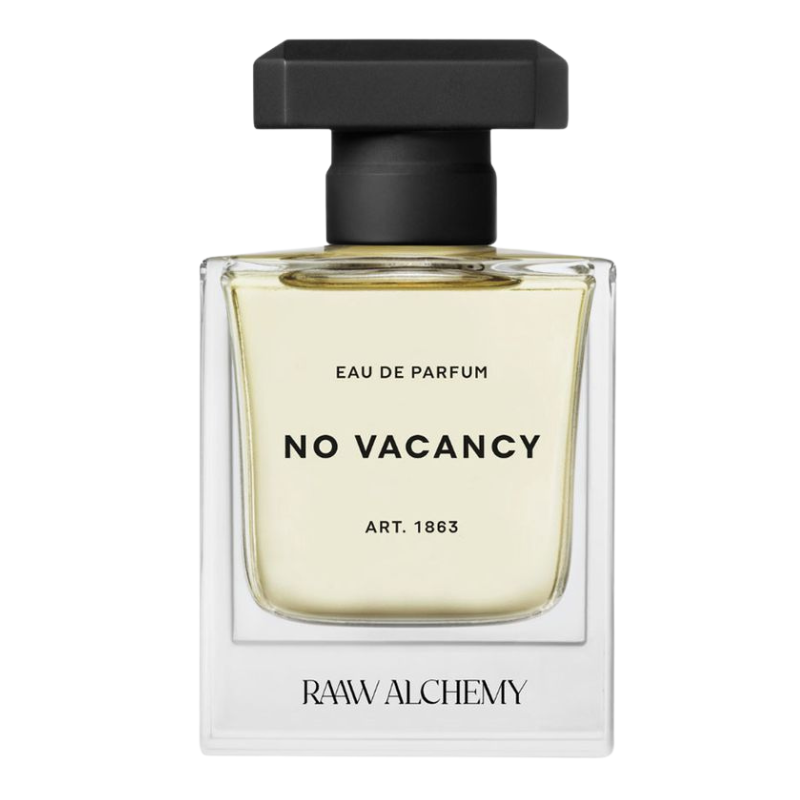 Design-ohne-Titel Flasche des Eau de Parfum 'No Vacancy' von Raaw Alchemy mit schwarzem Deckel und klarer Flüssigkeit.