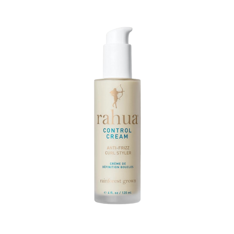 Rahua Control Cream Anti-Frizz Curl Styler, 120 ml Flasche mit Pumpspender, beige Etikett mit goldener Schrift und Logo.