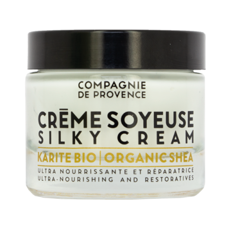 ULTRA-NOURISHING-FACE-CREAM-SHEA Glasbehälter mit Crème Soyeuse Silky Cream von Compagnie de Provence, Karité Bio, ultra-nährend und reparierend.