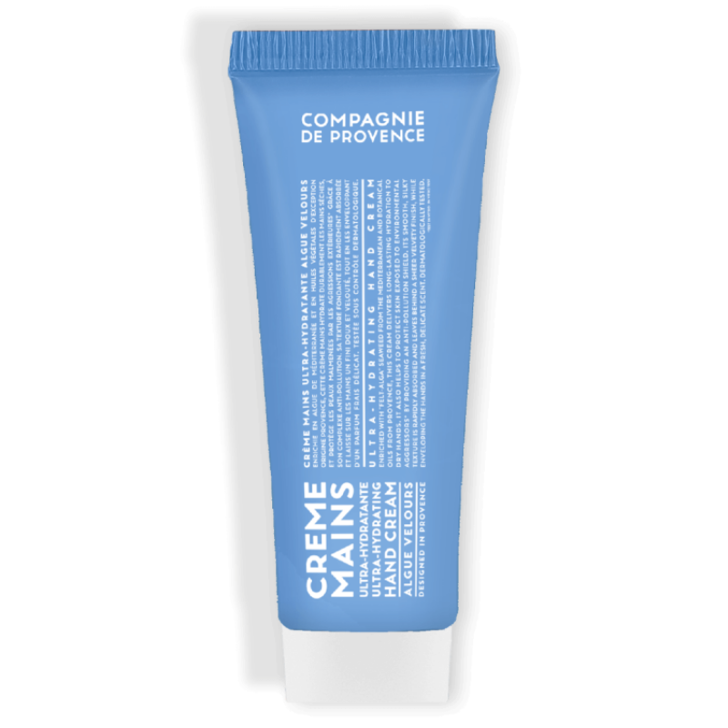 Blau-weiße Tube der Ultra Hydrating Hand Cream von Compagnie de Provence, 75 ml, mit Algenextrakt.
