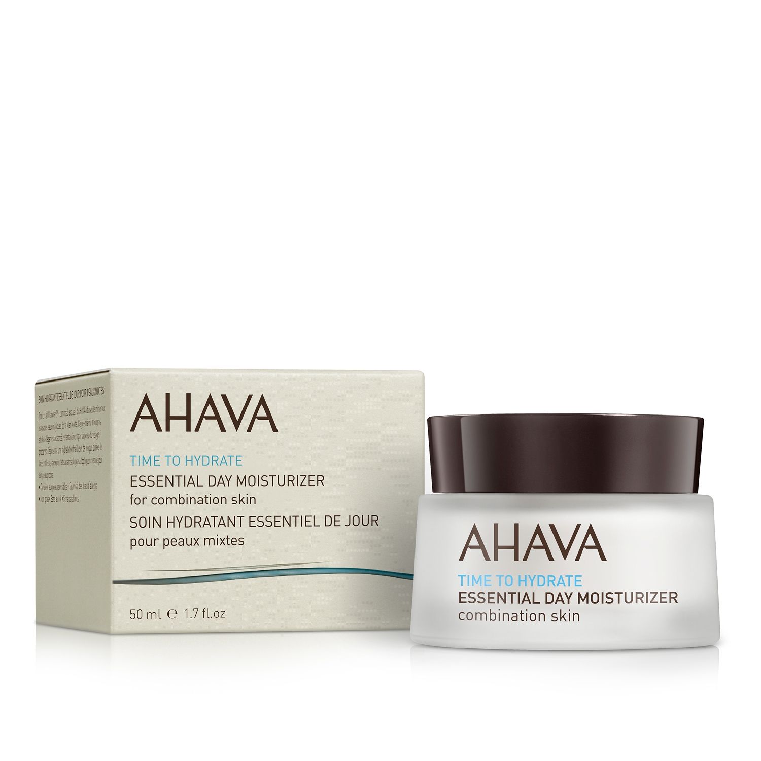 AHAVA Time to Hydrate Essential Day Moisturizer für Mischhaut, 50 ml, Produktbild mit Verpackung und Cremebehälter.