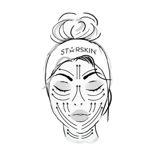 Illustration einer Frau mit Stirnband, die Gesichtsmassage zeigt. Pfeile markieren die Massagerichtungen auf Stirn, Wangen und Kinn.