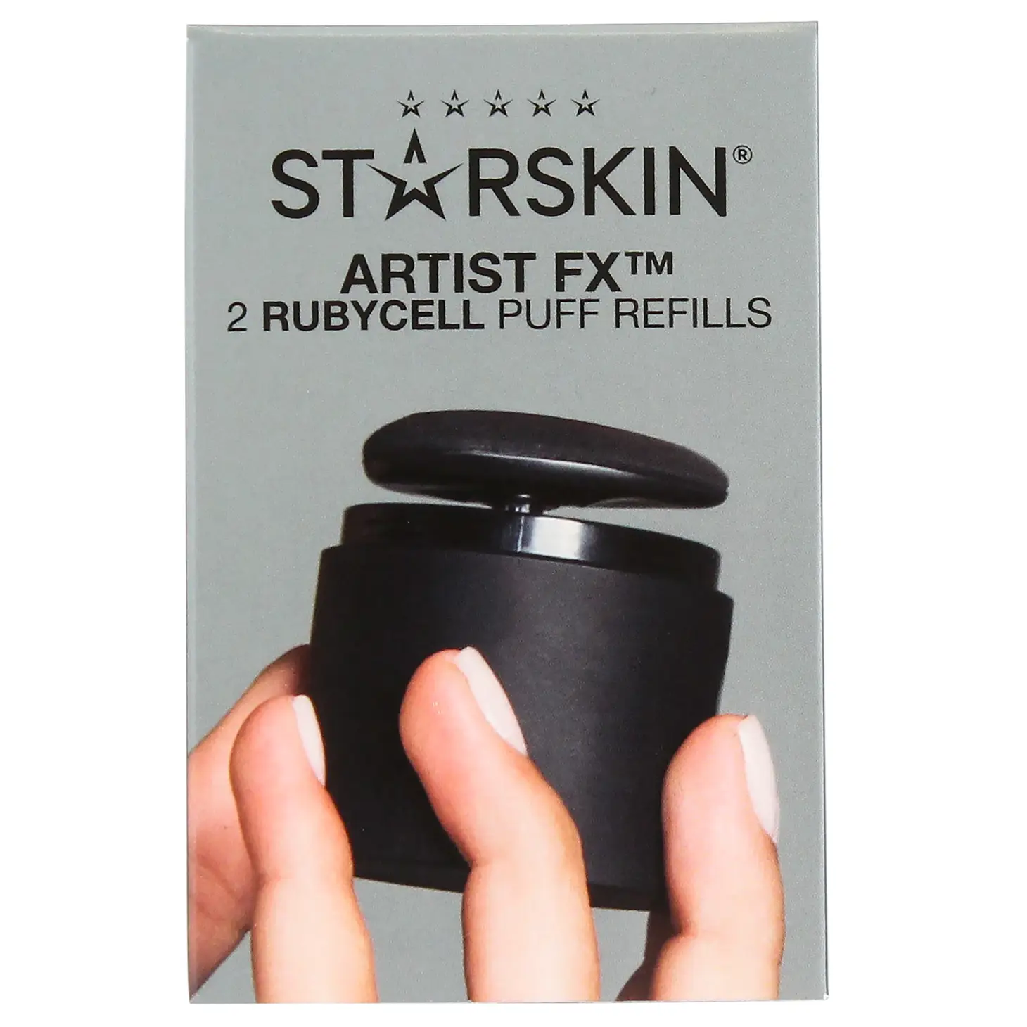 STARSkin Artist FX 2 Rubycell Puff Nachfüllpackung, Nahaufnahme einer Hand, die einen schwarzen Behälter hält.
