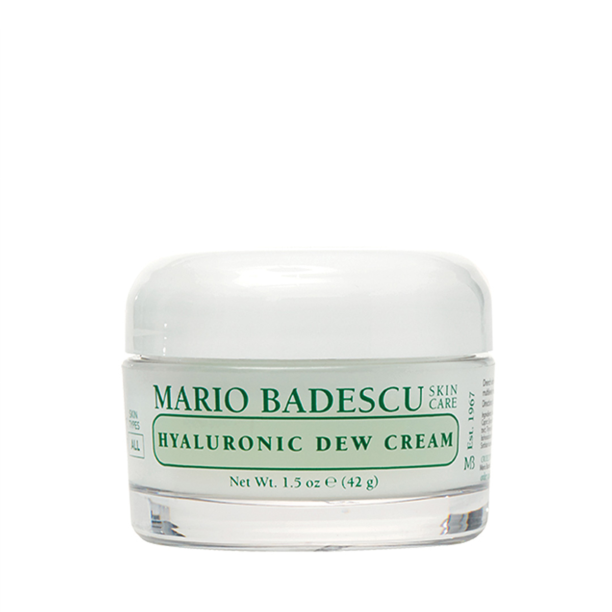 40405_0 Glasbehälter mit Mario Badescu Hyaluronic Dew Cream, 42g. Weiße Verpackung mit grünem Text.