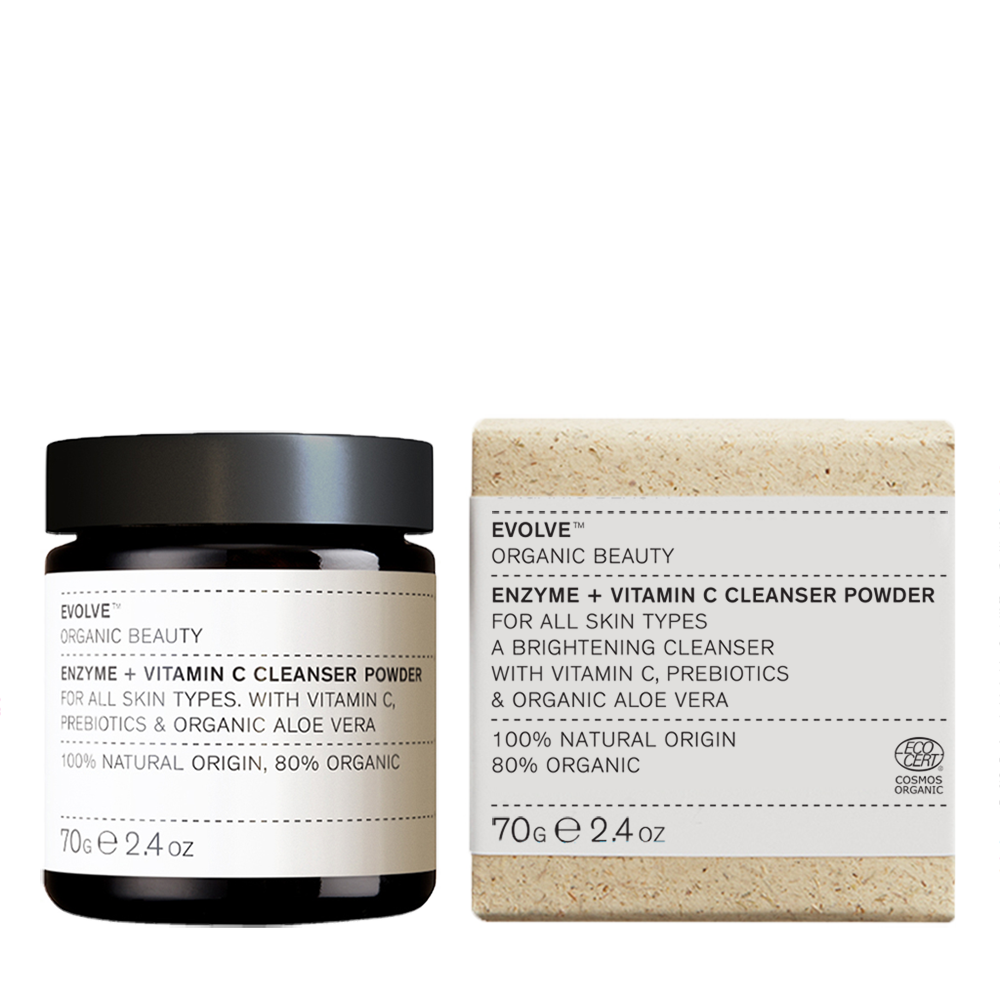 Enzyme-Vitamin-C-Cleanser-Powder-120ml-Grass-Paper-TRANSPARENT-BG Evolve Enzyme + Vitamin C Cleanser Powder, 70g, 80% Bio, für alle Hauttypen, mit Vitamin C, Präbiotika und Aloe Vera.