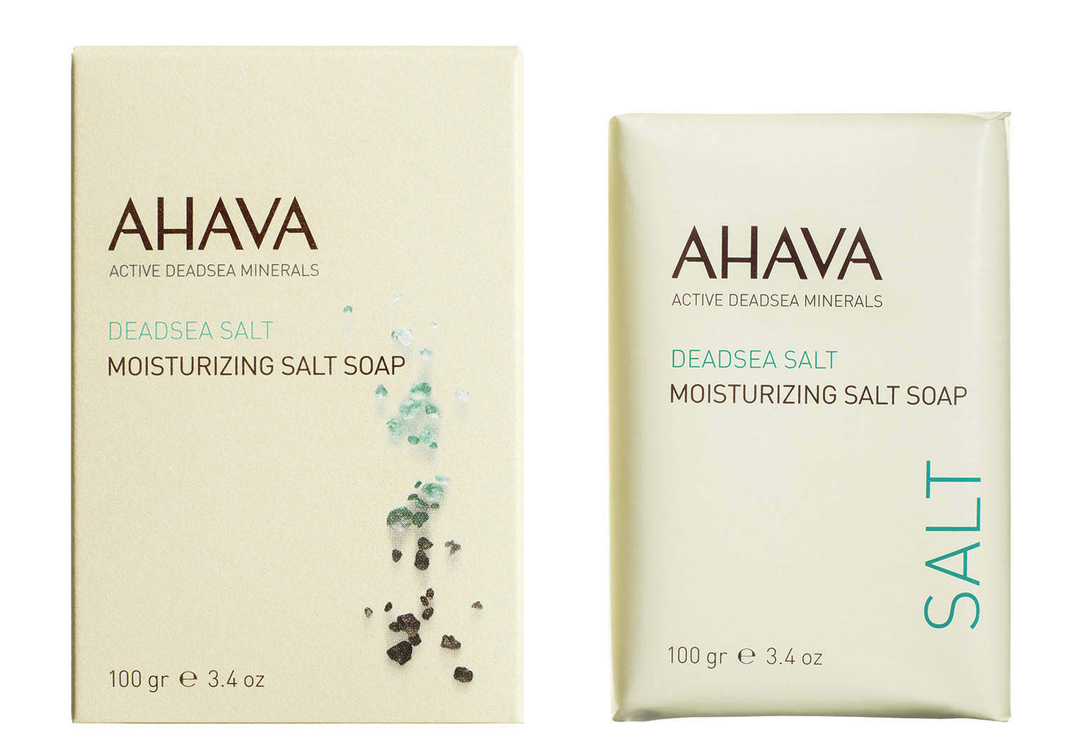 0697045153053 Zwei Packungen AHAVA Deadsea Salt Moisturizing Salt Soap, 100g, beige Verpackung mit blauen und schwarzen Salzpartikeln.
